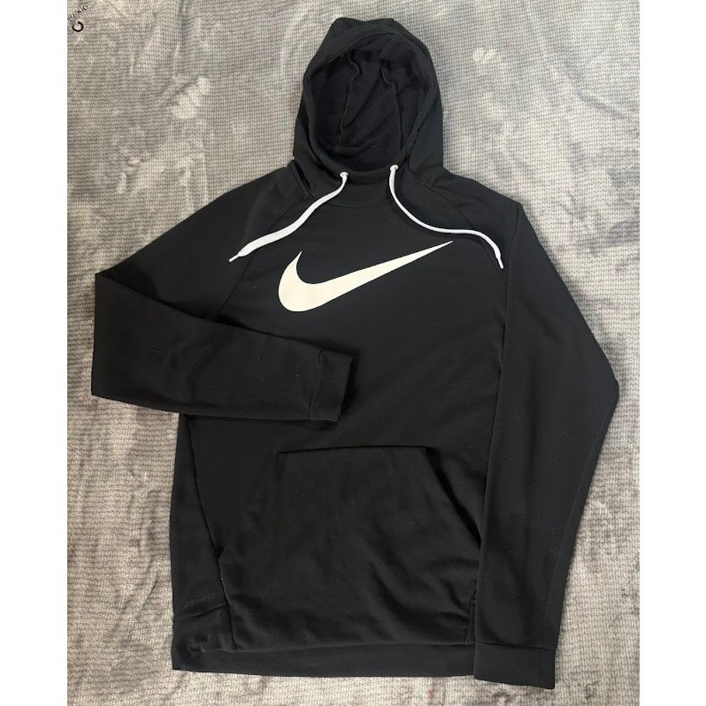 Nike Mens Dri-FIT Training Hoodie Black Big Swoosh Pullover Sweatshirt Medium